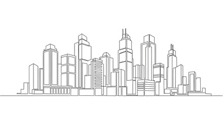Obraz premium Black and white hand drawn sketch of a modern city skyline.