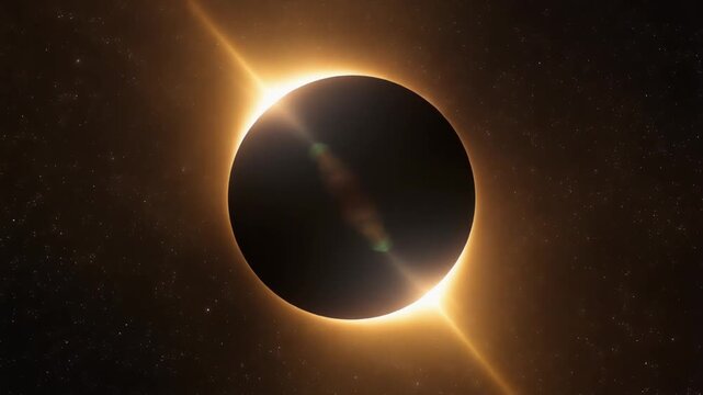 "Solar eclipse with Moon blocking Sun, bright corona forming luminous ring, two points of light at edges, cosmic background with faint stars highlighting rare astronomical alignment and natural beauty