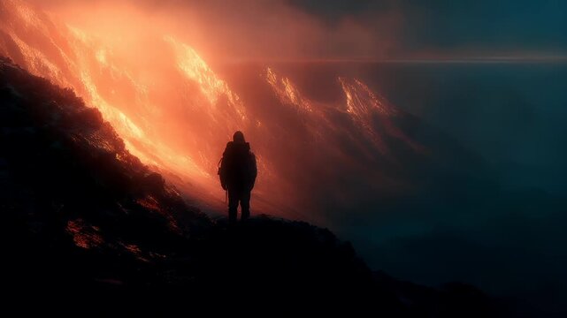 Outdoor exploration adventure. A vivid, atmospheric portrayal of a solitary figure standing atop a rocky outcrop, silhouetted against a fiery backdrop.