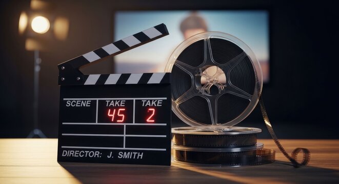 Film Production Scene Clapperboard and Film Reels in Studio Setting.
