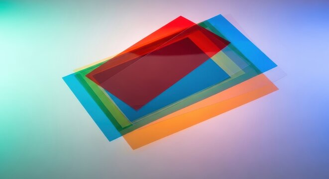 Abstract composition of overlapping translucent colored sheets in a studio setting