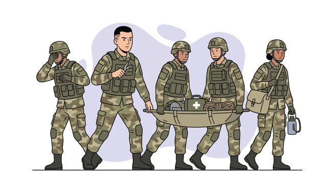 Military Soldiers in Camouflage Carrying Medical Stretcher and Emergen