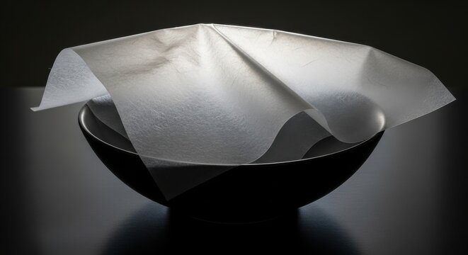 Single sheet of translucent vellum paper draped over a dark surface, creating elegant textures and shadows