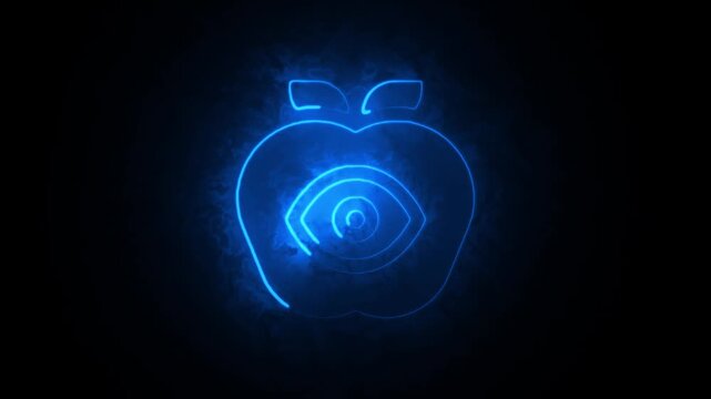 Neon apple a glowing digital illustration of an apple with a spiraling core and vibrant blue light