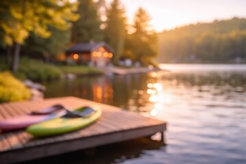 Fototapeta premium blurred abstract background lake dock kayaks cabin sunset golden hour summer vacation nature landscape peaceful outdoor leisure forest water reflection