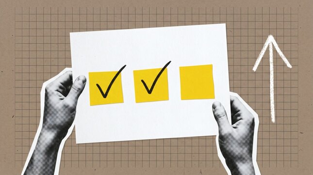 Success Checklist Hands hold card with checked boxes with up arrow.