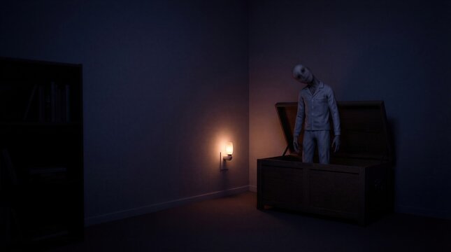 Creepy pale monster emerging from dark wooden chest in dim room. Paranormal entity in pajamas standing in corner near wall lamp. Nightmare scene for horror thriller movie concept.