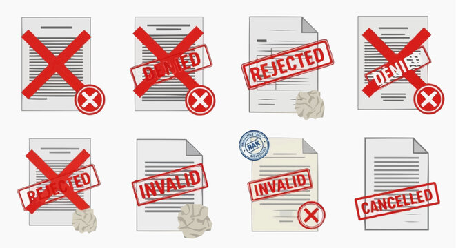A vector graphic illustration of rejected documents with red stamps and crosses in white background.