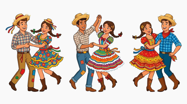 A colorful vector illustration of couples dancing in traditional country western attire with vibrant clothing and accessories. in white background.