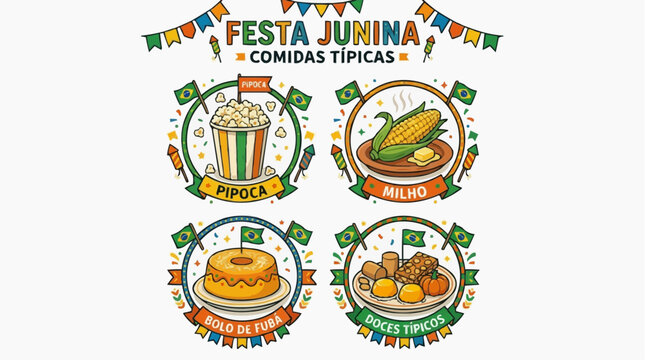 A colorful vector graphic illustration of traditional Brazilian Festa Junina foods in white background.