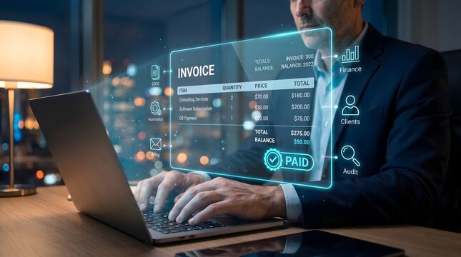 Financial Technology Concept with Virtual Paid Invoice Display
