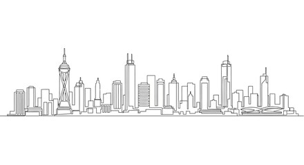 Fototapeta premium Minimalist continuous line drawing of a modern cityscape skyline.
