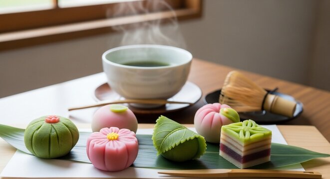 Japanese tea ceremony sweets and tea