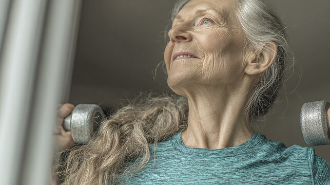 senior woman exercising with light dumbbells for muscle strength sarcopenia prevention and active healthy lifestyle concept
