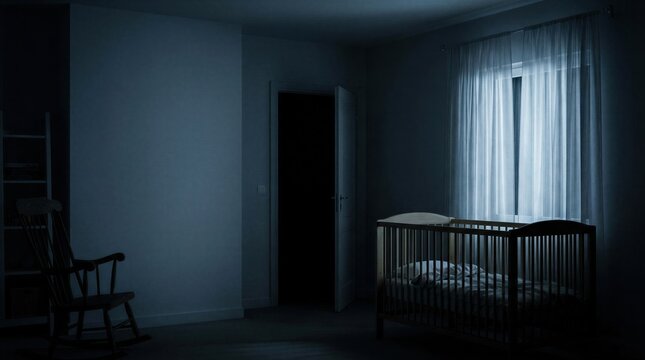 Dark nursery room with wooden crib and rocking chair at night. Scary scene in empty child bedroom with open door and window light. Horror atmosphere in house for thriller concept.