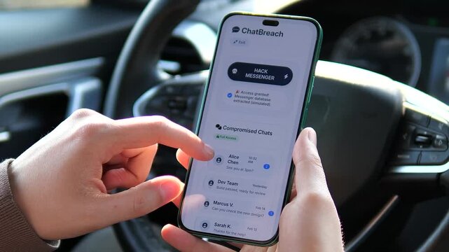 Educational simulation of a mobile messenger hack. Close-up of a smartphone displaying a chat breach interface, token bypassing, and compromised message database. Essential for cybersecurity training