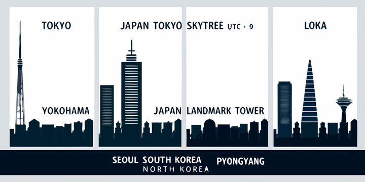 Silhouettes of iconic towers and cityscapes from East Asia