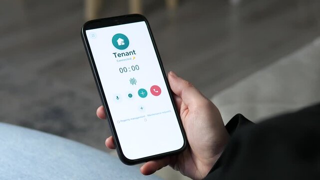 Digital transformation in real estate: property owner calling a tenant through a specialized app. Visualizing rental services and landlord-tenant communication. Great for housing market news and