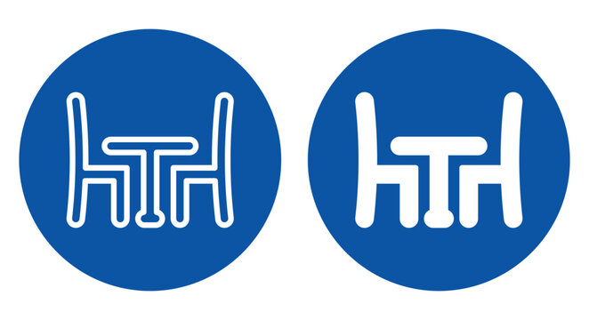 Two Minimalist Table and Chair Icons on Circular Blue Backgrounds