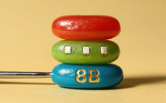 Stacked colorful jellybeans with LED lights and "8B" branding