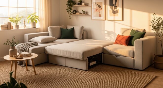 Compact Modern Living Area Featuring a Versatile Modular Beige Sectional Sofa With Integrated Storage