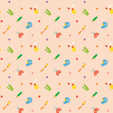 クレヨン, はさみ, 鉛筆など文房具のカラフルなパターン 背景