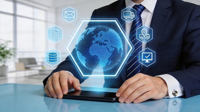 Businessman using tablet digital technology global network online communication data management logistics delivery service electronic check email icon document database cloud