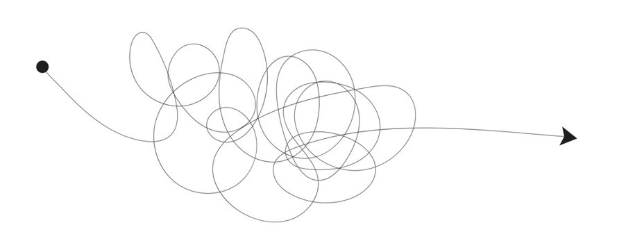 Scribble chaos lines with arrows. Messy scribble line tangles, chaos transformation, problem solving, stress reduction.	
