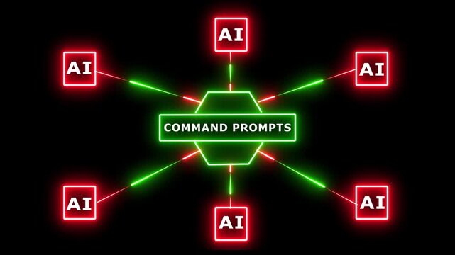Networked AI bots connected to central command prompts.