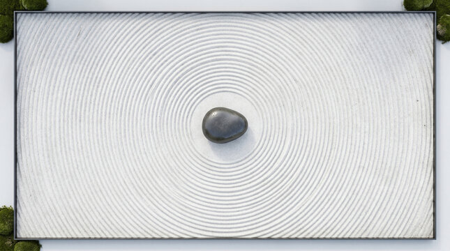 Jardin zen ratiss&eacute; vu de dessus avec pierre centrale