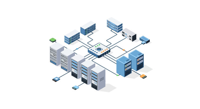 Isometric illustration of a digital infrastructure showing server racks and central processing unit