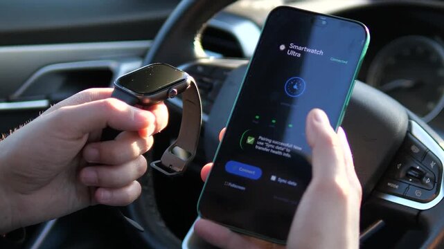 Successful connection and data sync between a smartwatch and mobile app. Perfect for wearable tech and smart ecosystem content. Modern gadget demonstration for high-tech commercials. Seamless digital