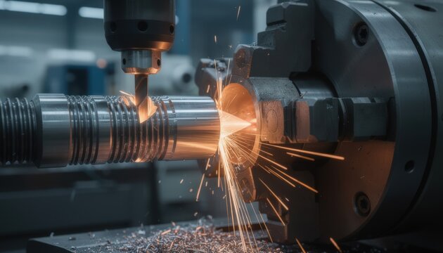 Detailed medium shot of precision machining operations on a threaded highpressure nozzle being fitted to a boiler showcasing metal cutting tools and sparks.