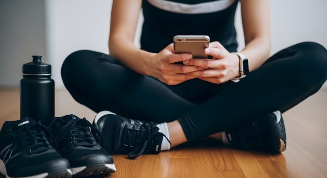 Woman using smartphone after workout sitting cross legged on wooden floor