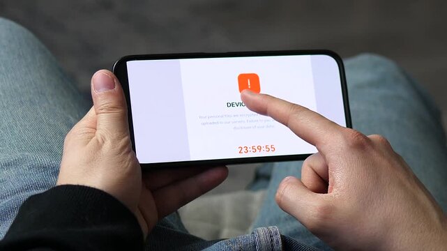 Detailed view of a cyber extortion mobile interface on a phone. Realistic visualization of encrypted files and a ticking timer threat. Ideal for information security training, malware awareness, and