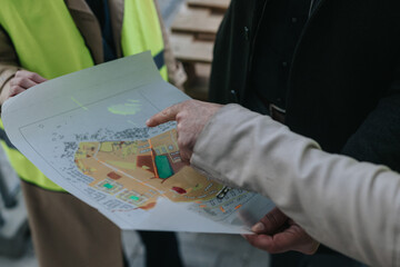 Construction team members examine a printed site plan while discussing project details. Colleagues point at the blueprint in a collaborative on-site planning session. © qunica.com