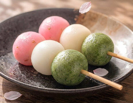 Japanese spring dessert, Hanami dango with falling sakura petals.〈春の和菓子 お花見団子と舞い散る桜の花びら〉