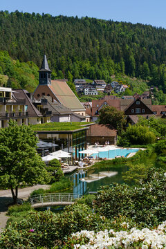 Medieval town of Bad Teinach-Zavelstein in the Swabian Alps, southern Germany, surrounded by lush forests. Popular tourist destination known for thermal baths and scenic forest trails