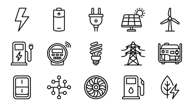Energy, Power, and Renewable Technology Line Icons Set