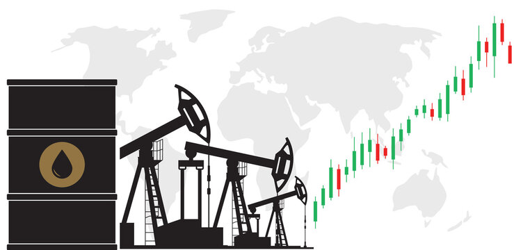 Silhouettes of oil barrel and pumpjacks against world map with rising candlestick chart, dark teal background. Concept of oil market growth and global energy trading. transparent background