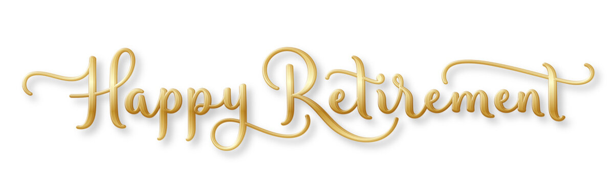 HAPPY RETIREMENT gold brush calligraphy banner with flourishes on transparent background