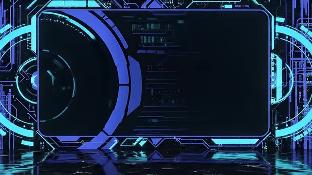 Futuristic holographic digital interface with circuit patterns in dark room