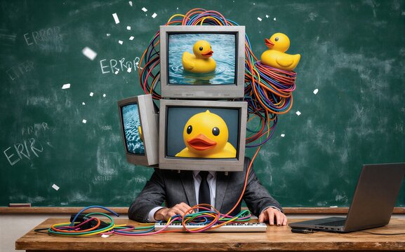 Duck-themed tech chaos: tangled wires error-filled chalkboard rubber