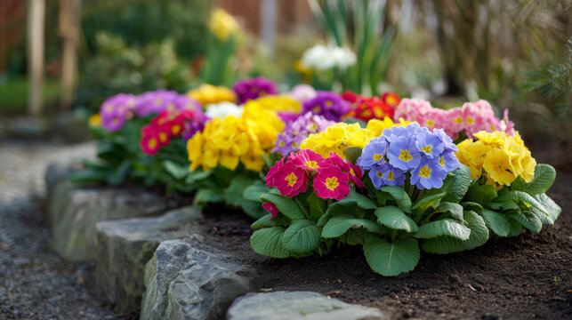 A colorful garden with a variety of primroses including pink, yellow, and blue