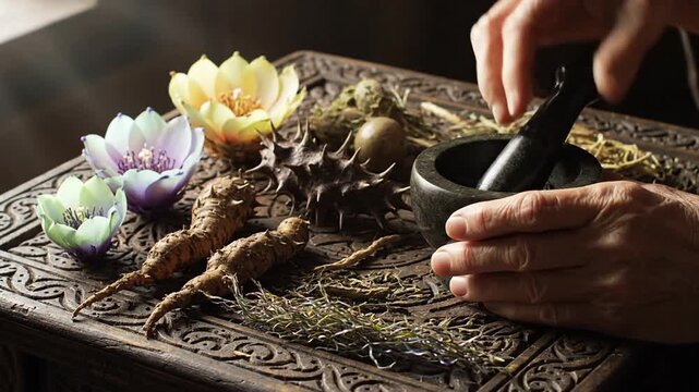 Hand grinding herbs in mortar with natural medicinal ingredients