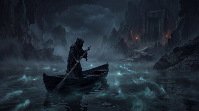 Hooded figure rowing boat on misty underworld river