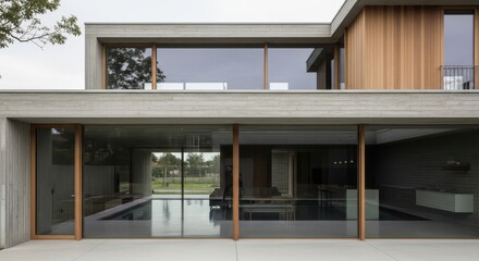 Fototapeta premium Modern Luxury Villa with Large Glass Windows and Concrete Architecture Featuring Minimalist Design, Spacious Interior Living Area, Outdoor Patio, and Natural Daylight in Contemporary Home