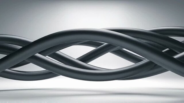 Abstract intertwining black cables depicting complex data streams and robust network infrastructure, essential for high-quality video content delivery and modern digital media