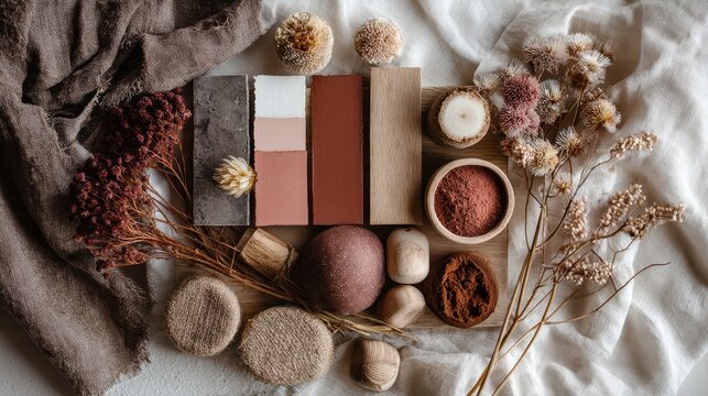 premium Flat lay of natural materials in earthy tones with dry flowers and textured fabrics background