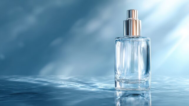 premium Clear glass perfume bottle on water surface with blue light background